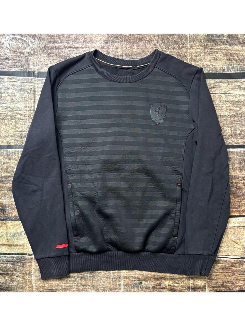 Puma X Ferrari Sweater Mens Medium Stripe Zip Pockets Crew Neck Black